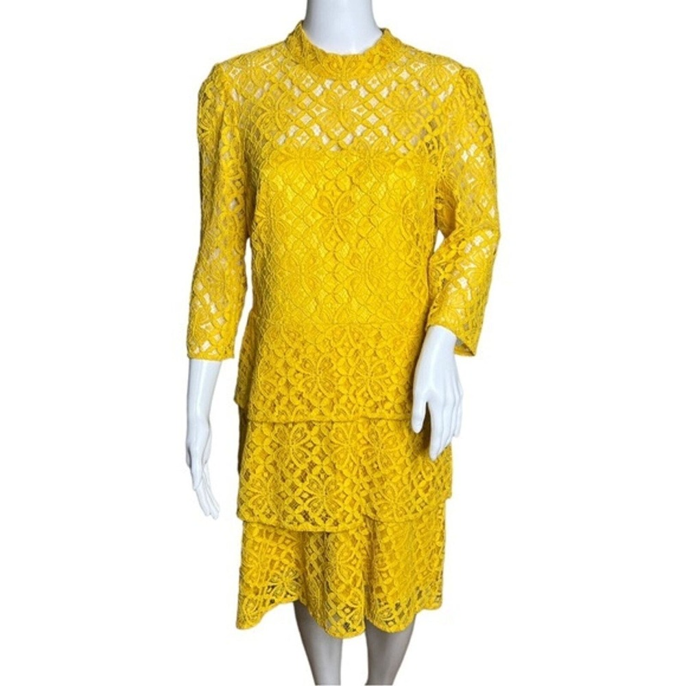 Alex Marie Dress Womens 10 Golden Yellow Nadia Tiered Lace Sheer Guipure Lace